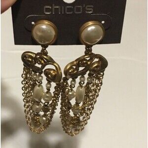 Chico's Drop Gold and Pearl Chandelier  Dangle Earrings